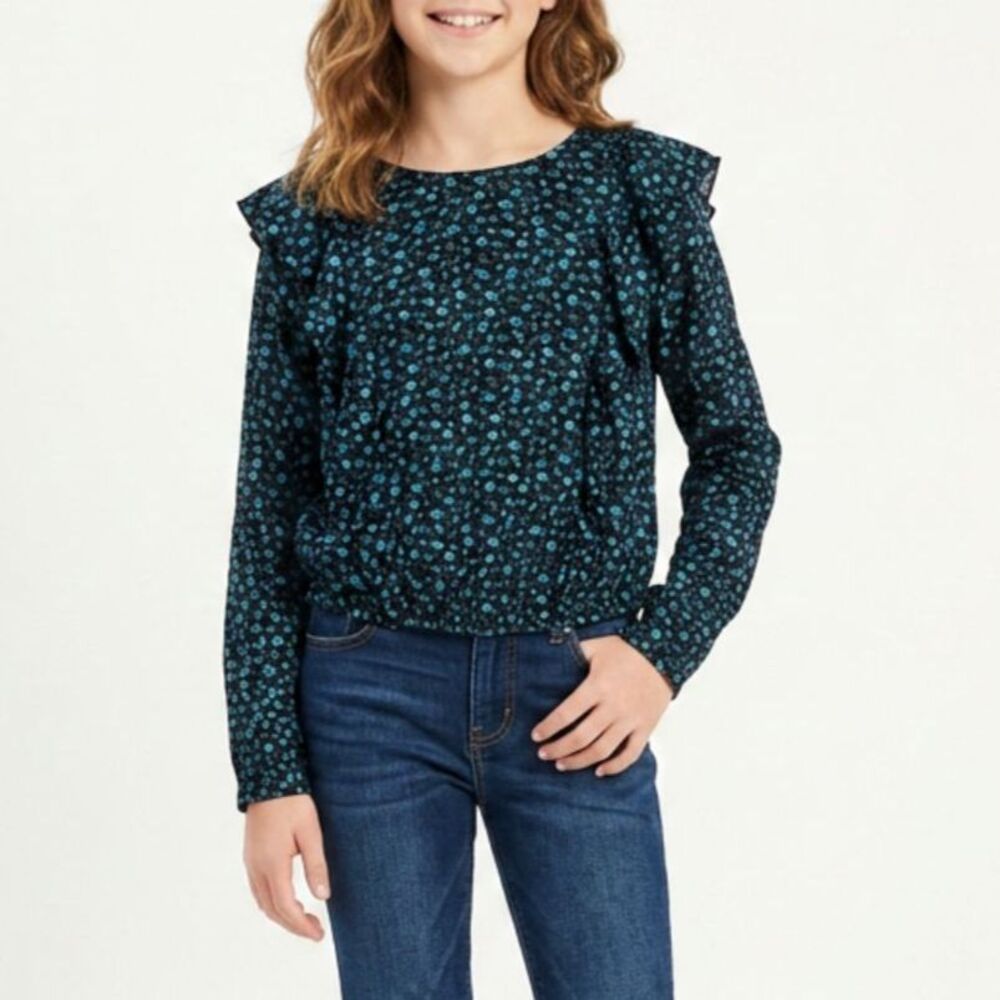 Teen Girls Long Sleeve Blue & Black Prairie Floral Blouse Top - Wild Fable sz xs